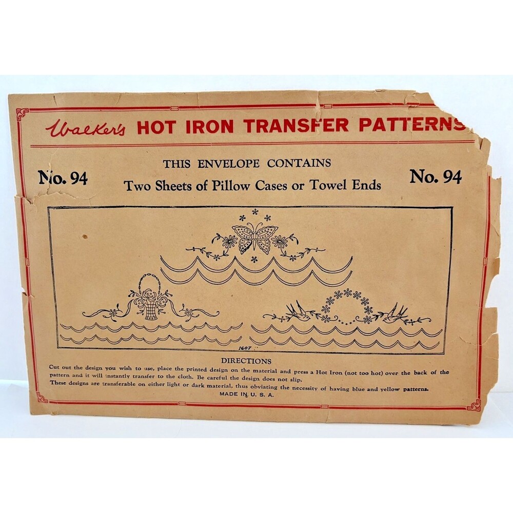Vtg 1940s Walker's Hot Iron Transfer Pattern # 94 Flower Basket Butterfly Floral
